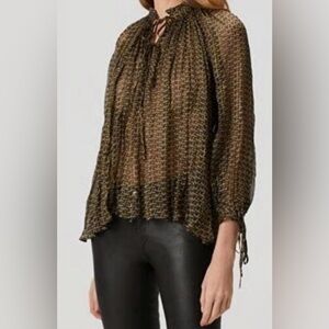 NWT Zadig & Voltaire Mock Neck 3/4 Sleeves Sheer Top Brown/Black Sz XS